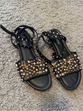 Black Studded Ankle-Strap Sandals with Gold Accents
